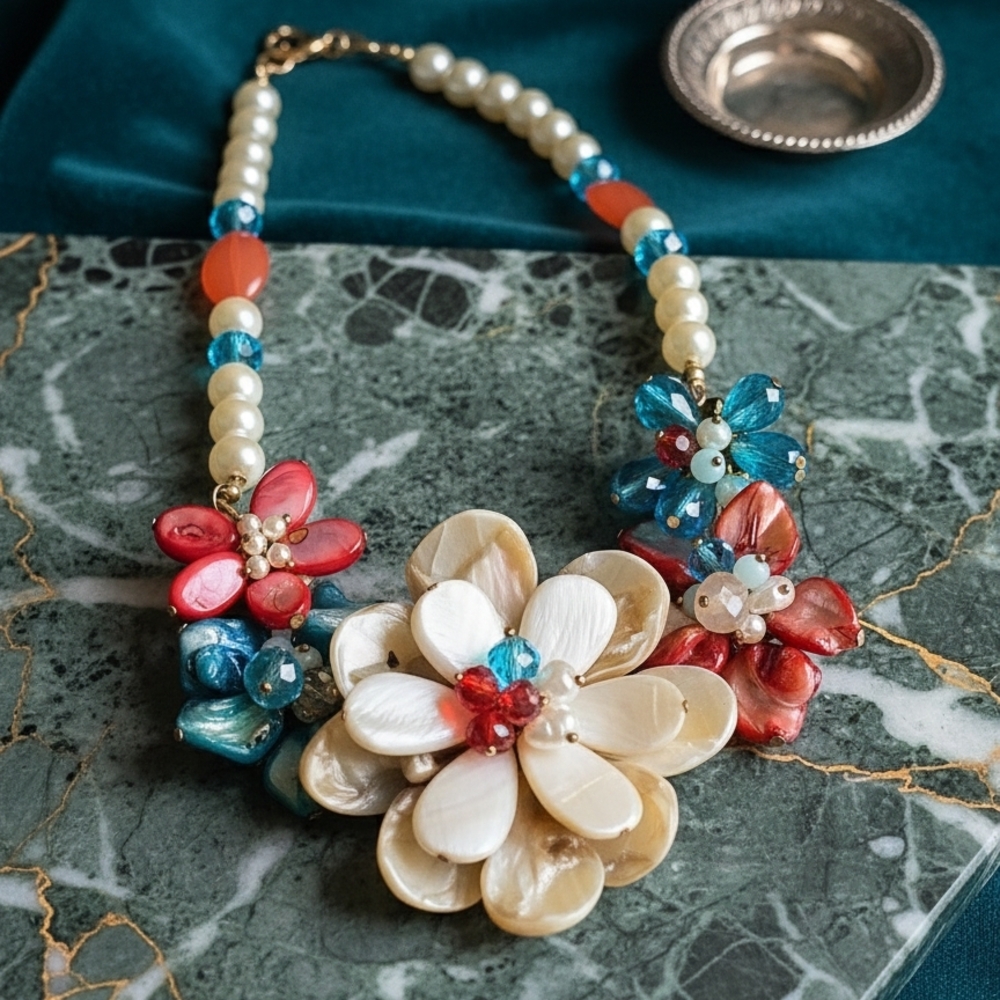 Chic Floral Necklace with Cream and Multicolor Beads